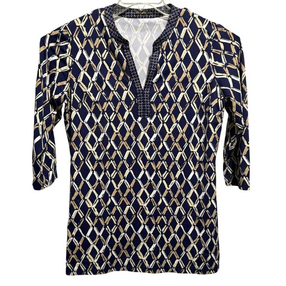 J. McLaughlin Navy Diamond V-Neck Catalina Cloth Tunic Top Sz L  Mature Luxury - Picture 1 of 6